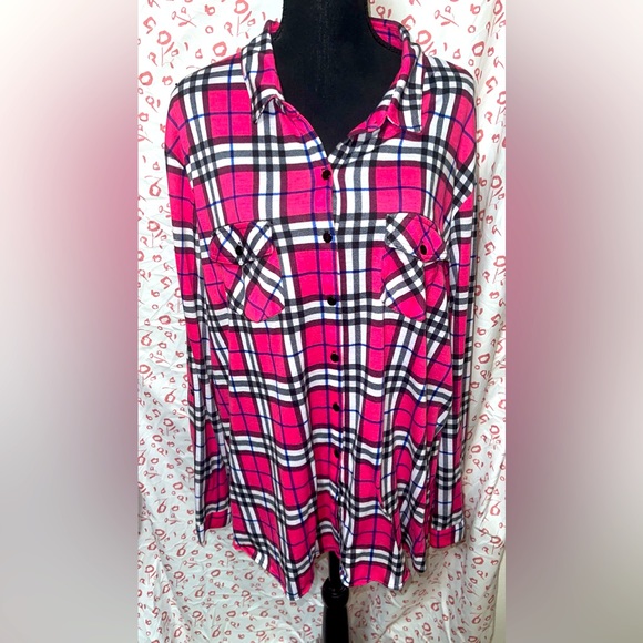 Plus size: Pink and Black Plaid with Lace Button Up Top - Picture 1 of 3